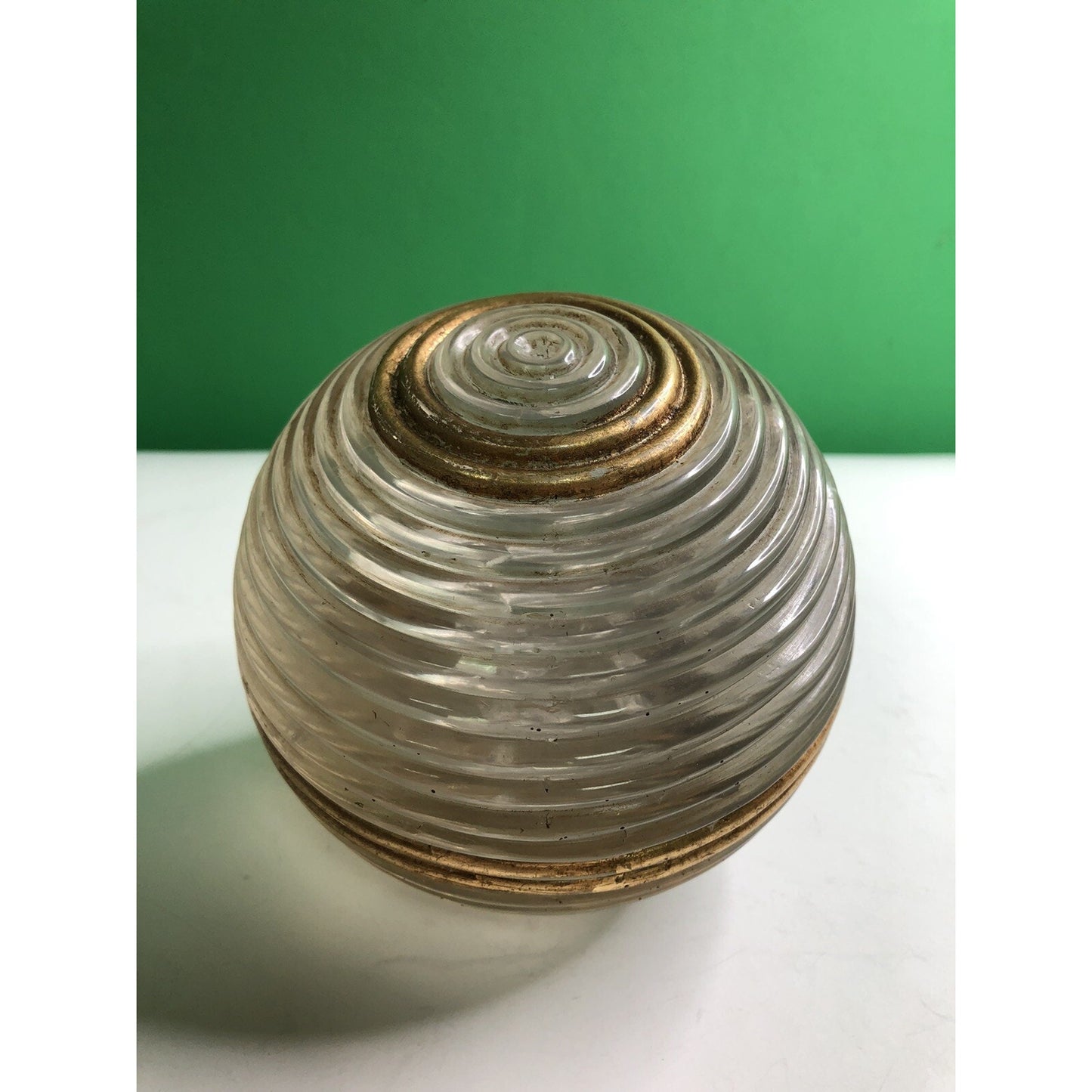 Vintage SOLID GLASS SPHERE Ball Ribbed Gilt MCM Unique Interesting RARE LARGE