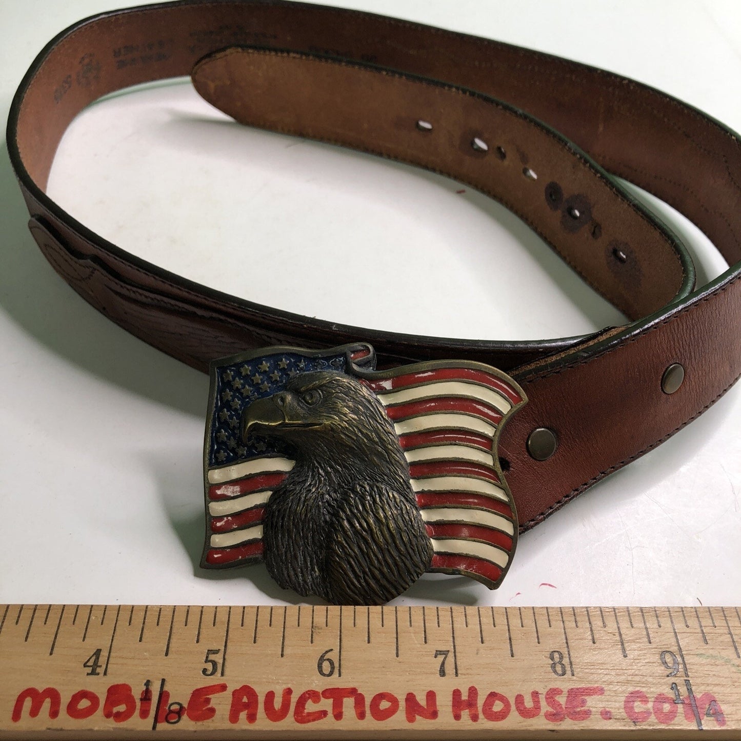 Vintage Original Brass & Enamel American Flag & Eagle Buckle w/ Leather Belt 36”