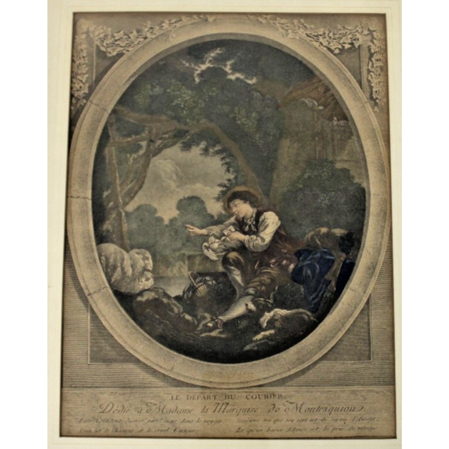 Le Depart du Courrier-Jacques-Firmin Beauvarlet, Hand-colored Engraving, Framed