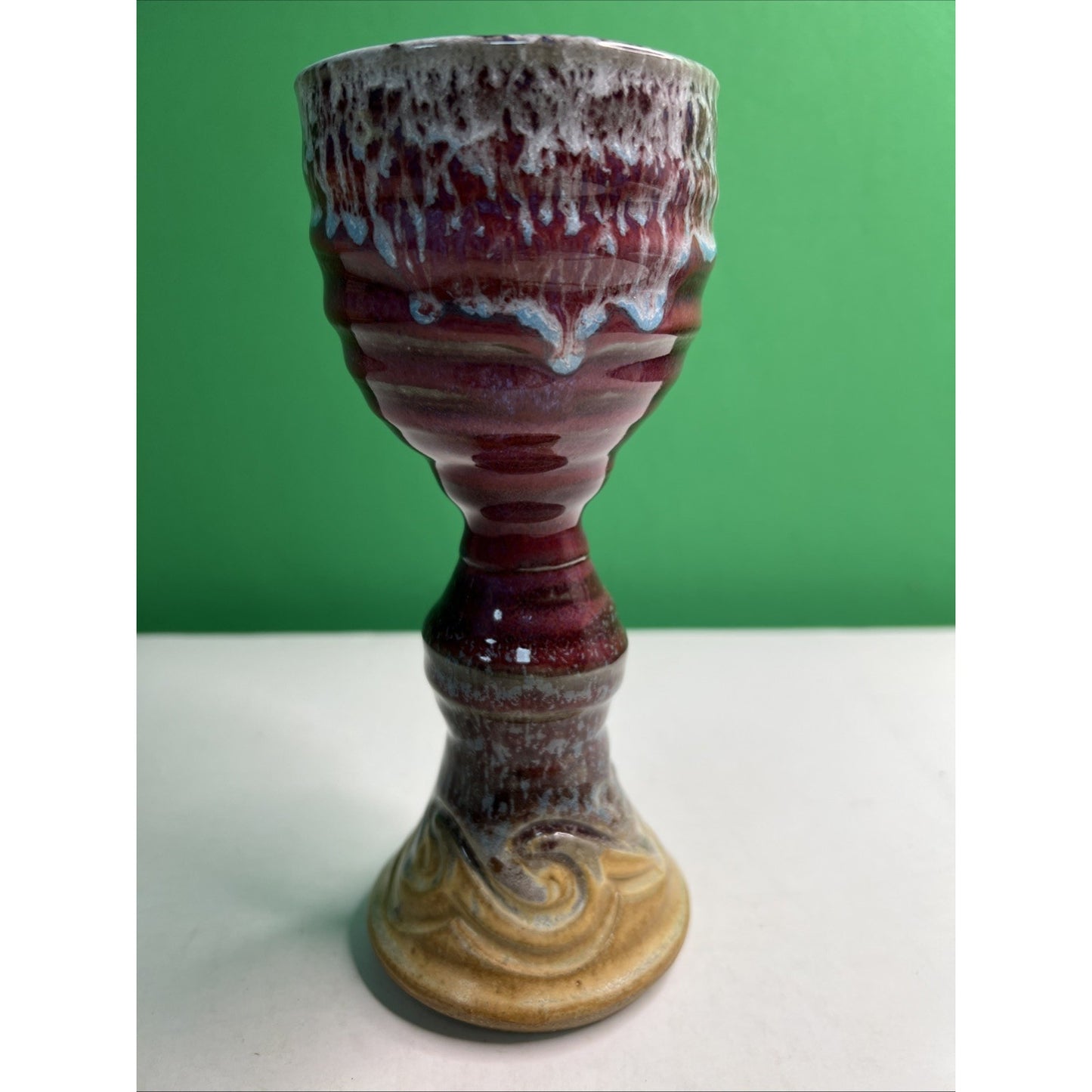 Mid Century Studio Art Pottery Goblet Chalice Cup Vase Signed Glazed Stoneware