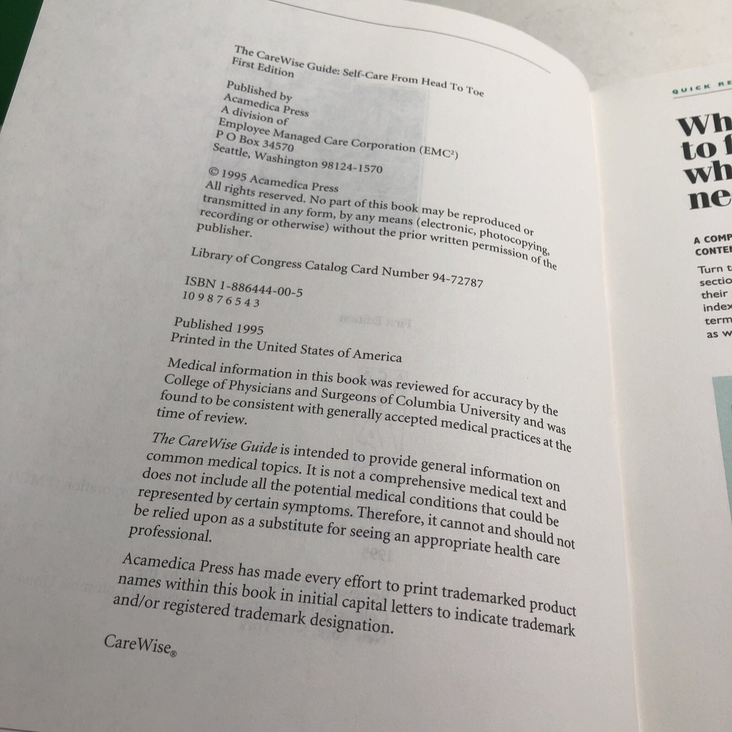 THE CAREWISE GUIDE : SELF-CARE FROM HEAD TO TOE By Acamedica Press Staff 1995