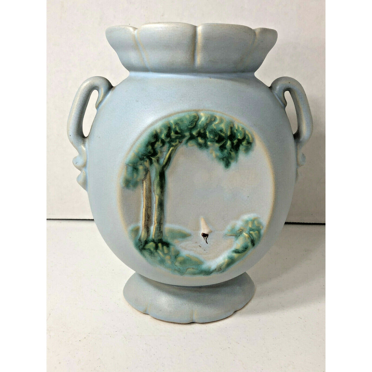 Vintage Blue Weller Art Pottery, Rare Hand-Painted Coastal Naturalist Boat Scene
