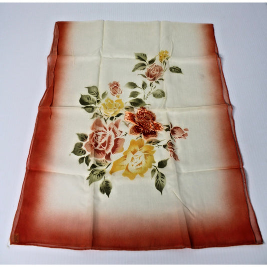 Vintage Japan Oblong Hand Painted Ombre Embroidered Rayon Organza Floral Scarf