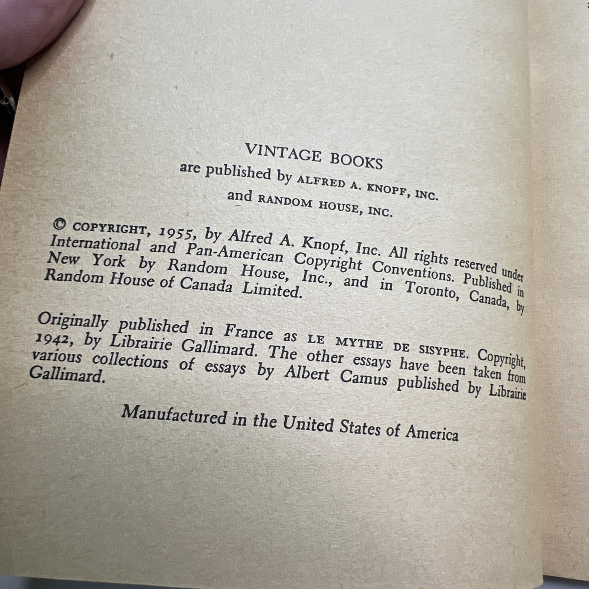 Albert Camus The Myth of Sisyphus And Other Essays 1955 PB