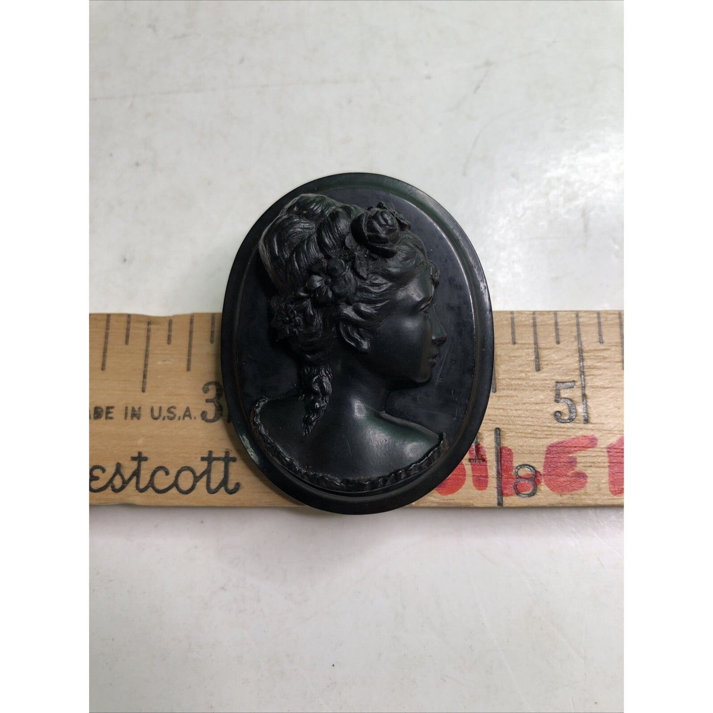 Antique Victorian Gutta Percha Mourning Brooch Pin Intricate Elegant Female