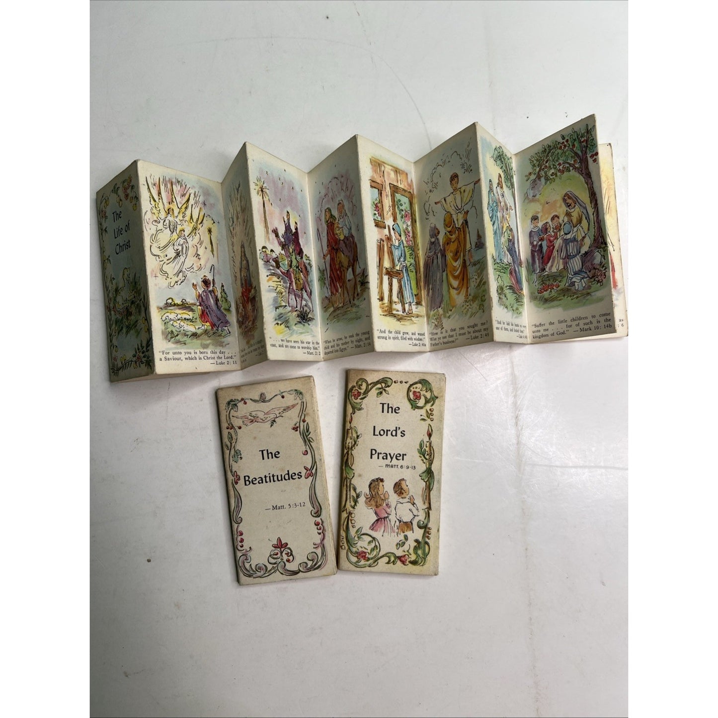 Lot 3 Foldorama Accordian Books USA Warner Press Lord’s Prayer, Beatitudes, Life