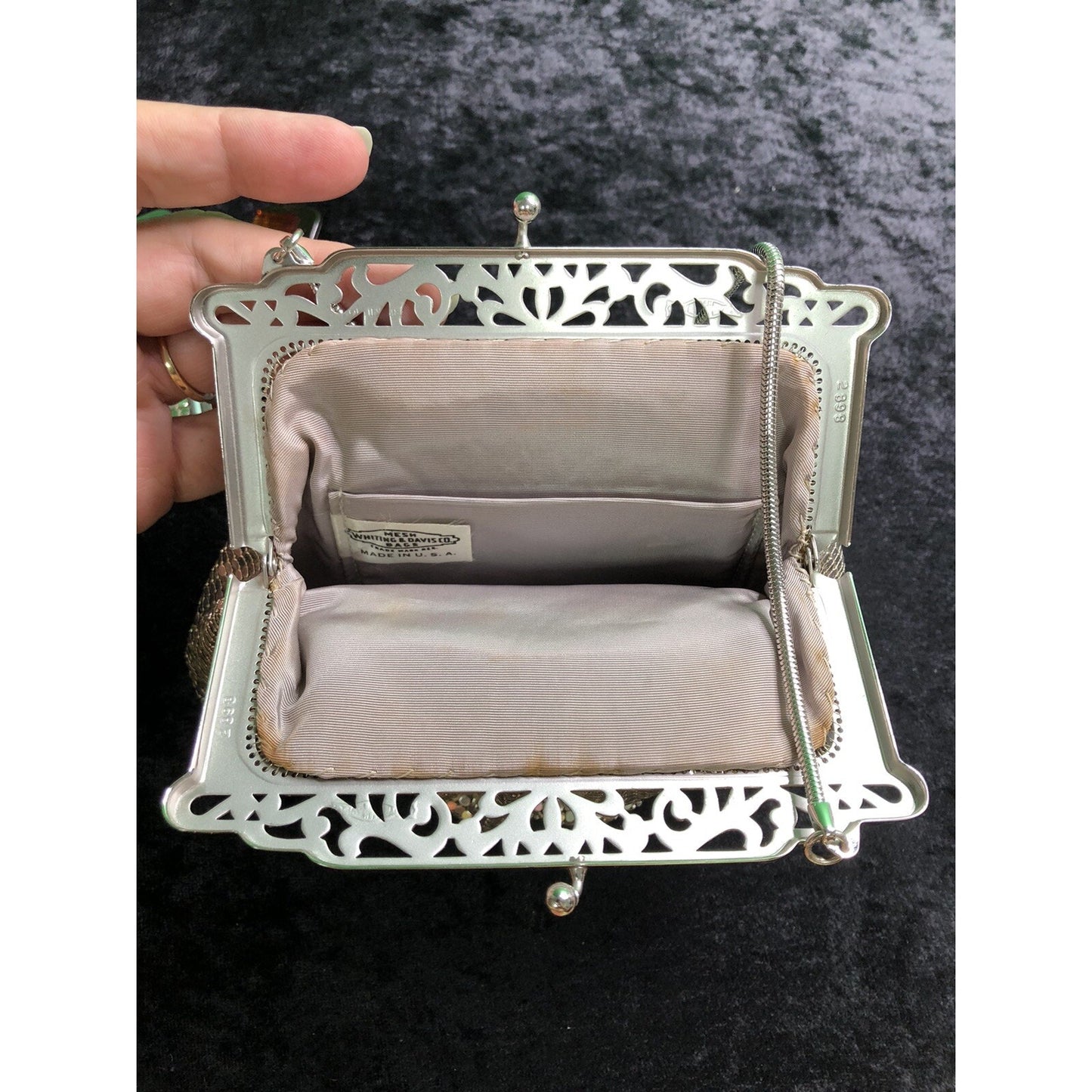 Vintage Set Whiting & Davis Silver Mesh Purse Kiss Lock w/ Box & Folding Comb