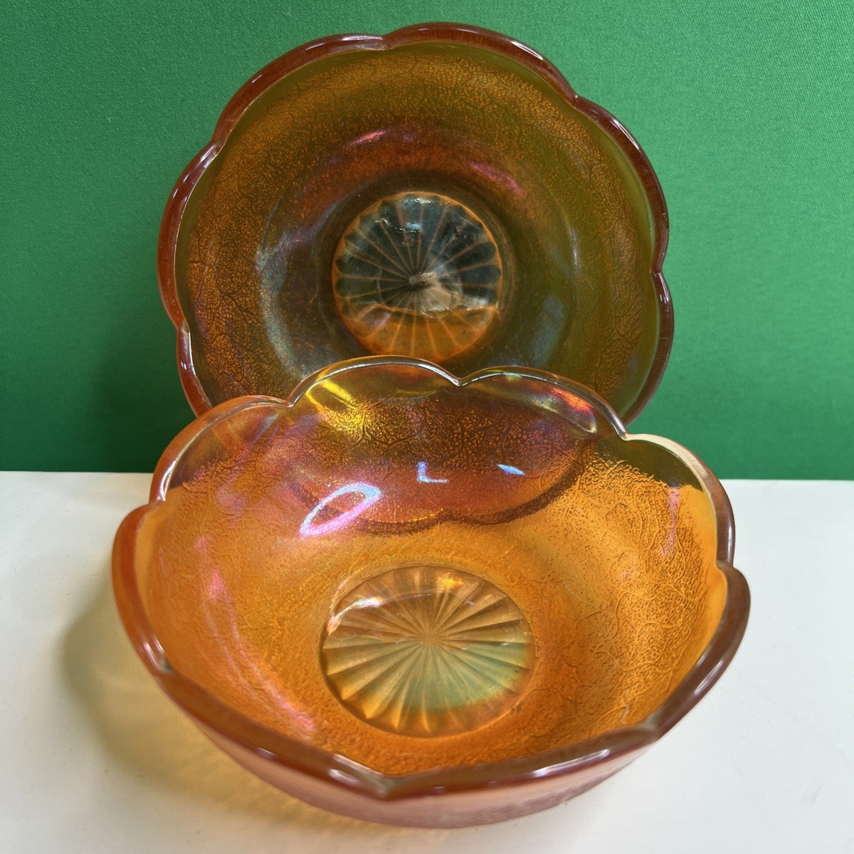 Pair Vintage Jeanette Marigold Iridescent Berry Bowls Crackle Carnival Glass 4"