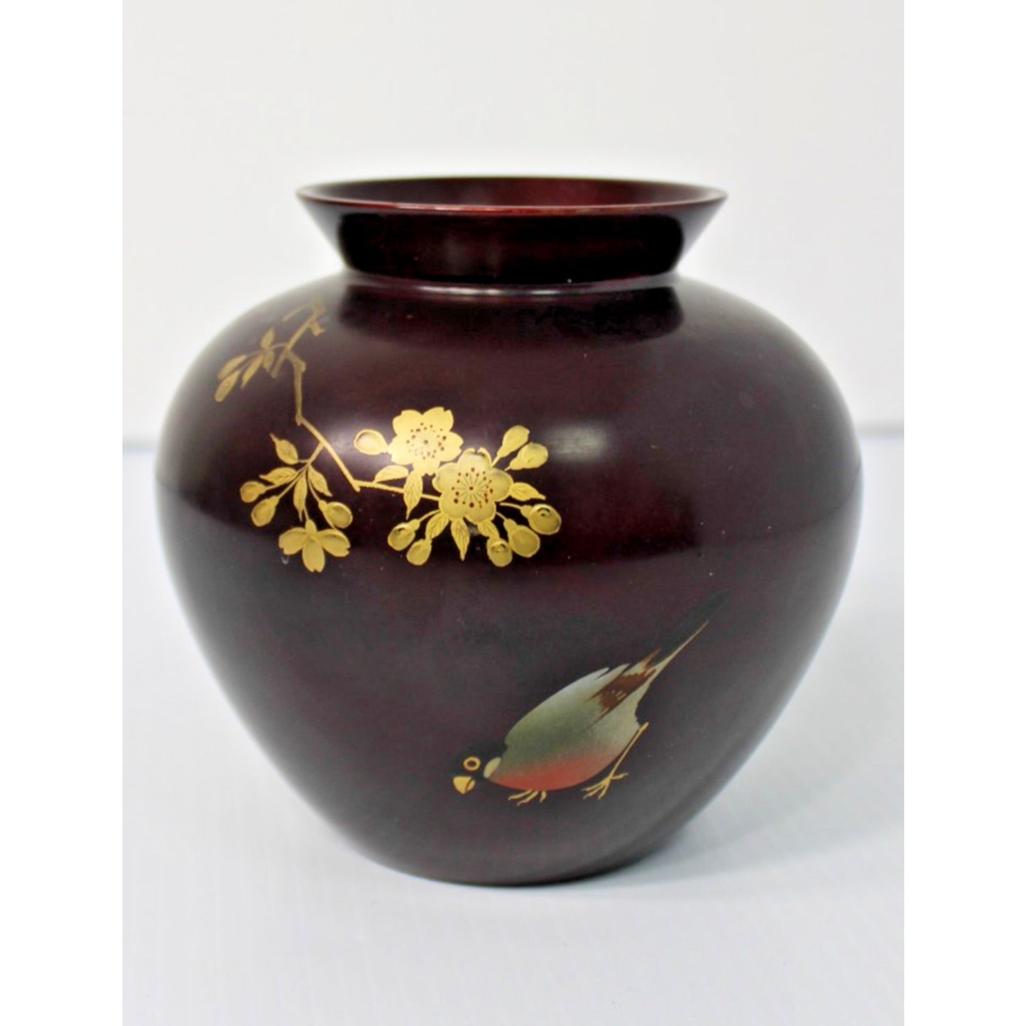 Vintage Japanese Bronzed Pottery Vase, Gilt Robin/ Bird Cherry Blossom Branch