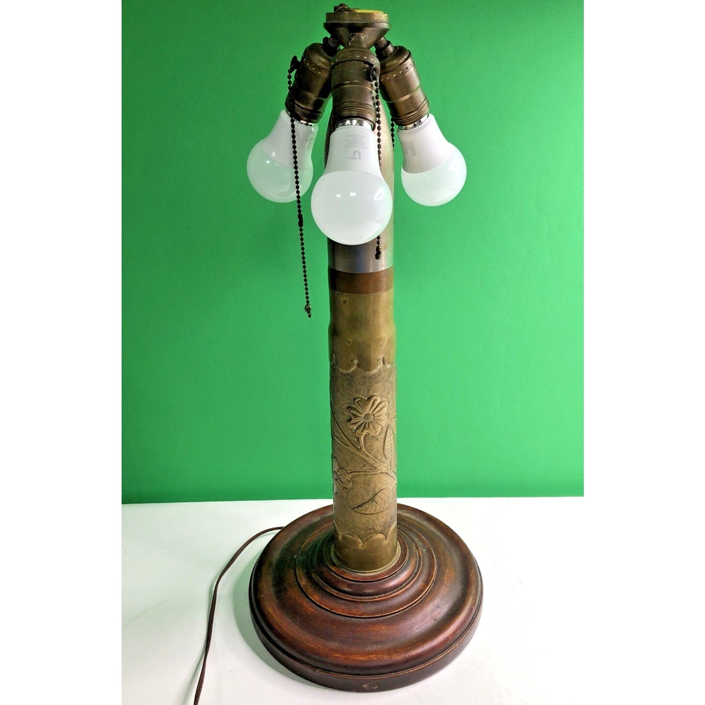 Trench Art Etched Artillery Shell Table Lamp, 3 Light, Wood Base 23” H - Works