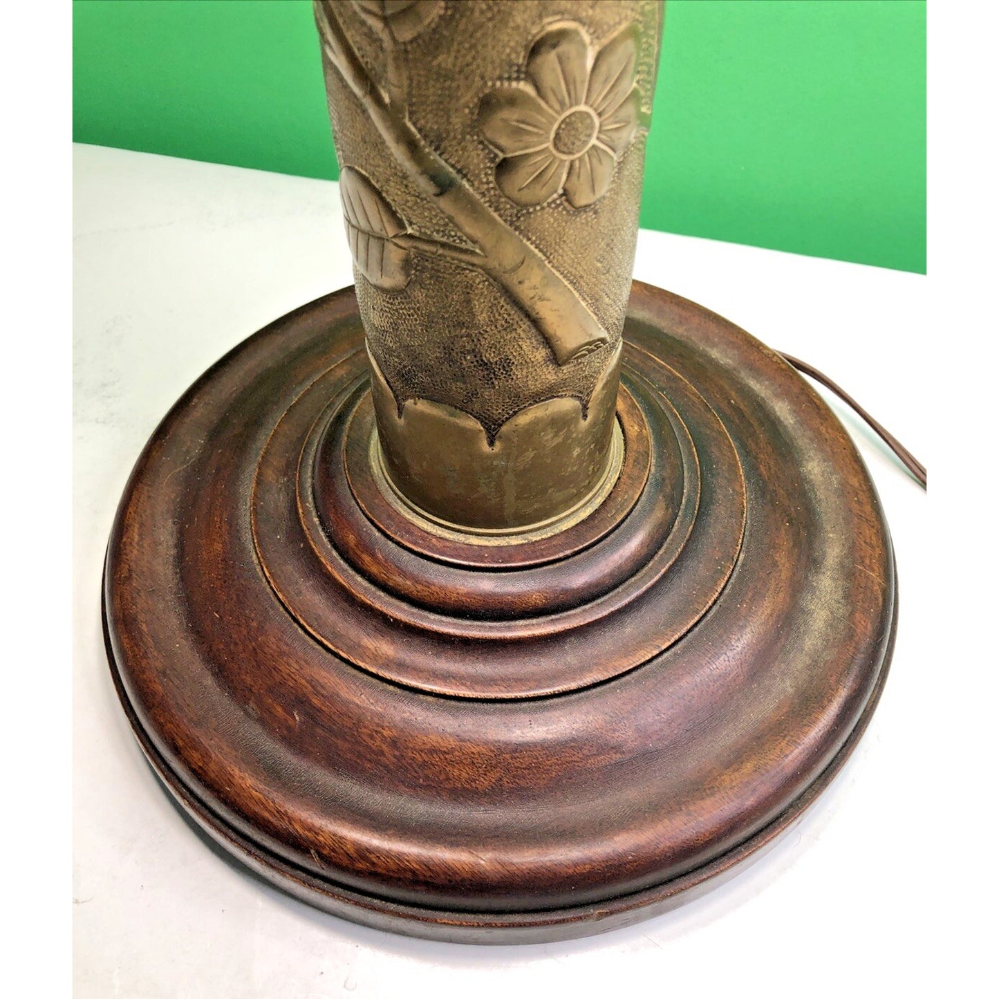 Trench Art Etched Artillery Shell Table Lamp, 3 Light, Wood Base 23” H - Works