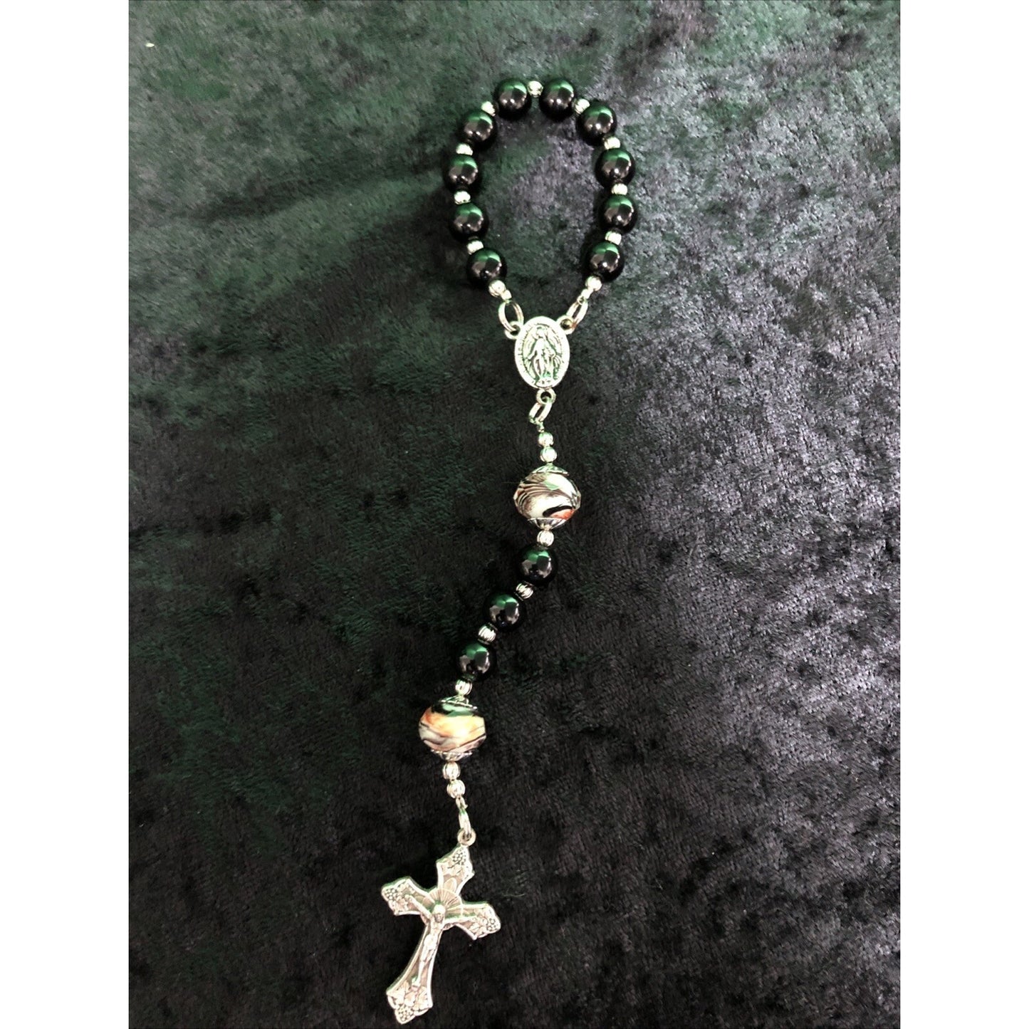 Small Auto Pocket Rosary Glass Beads Italian Charm Cross 7” Long