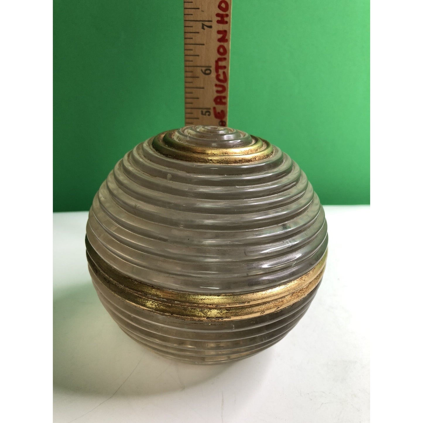 Vintage SOLID GLASS SPHERE Ball Ribbed Gilt MCM Unique Interesting RARE LARGE