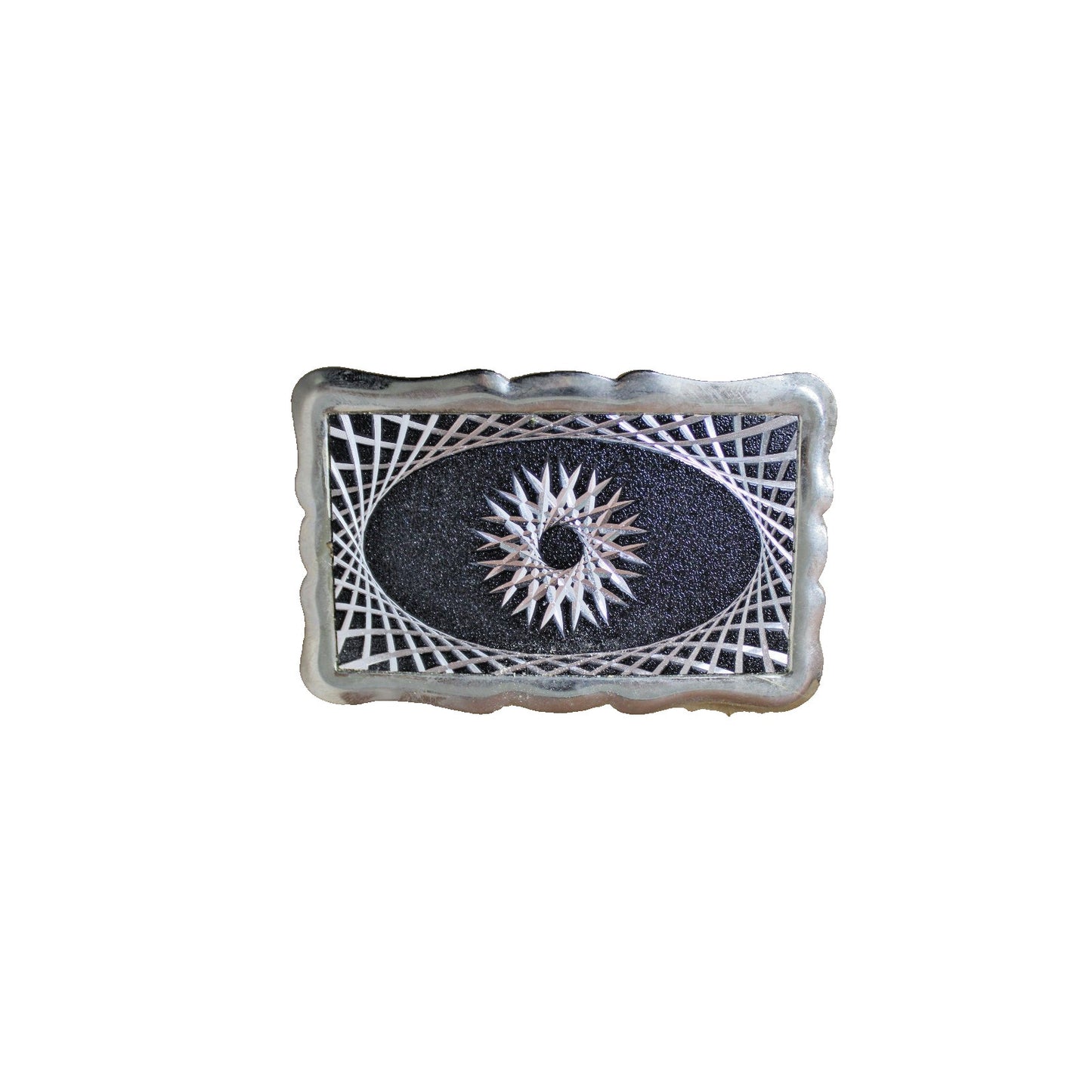 Vintage Starburst Graphic Belt Buckle Laser Etched Black Silver Leather