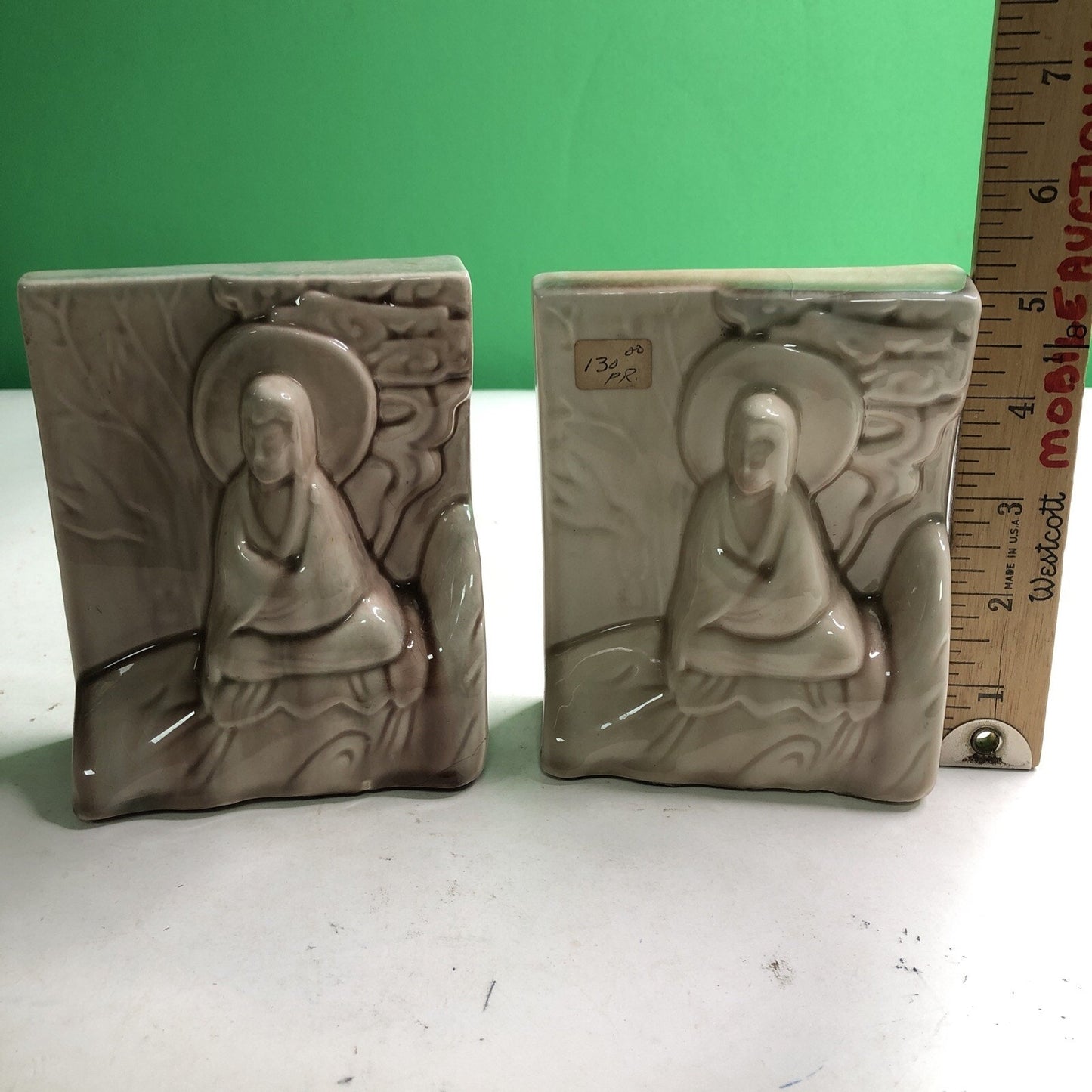 Vintage Art Pottery Bookends USA Asian Buddah Chinese Design