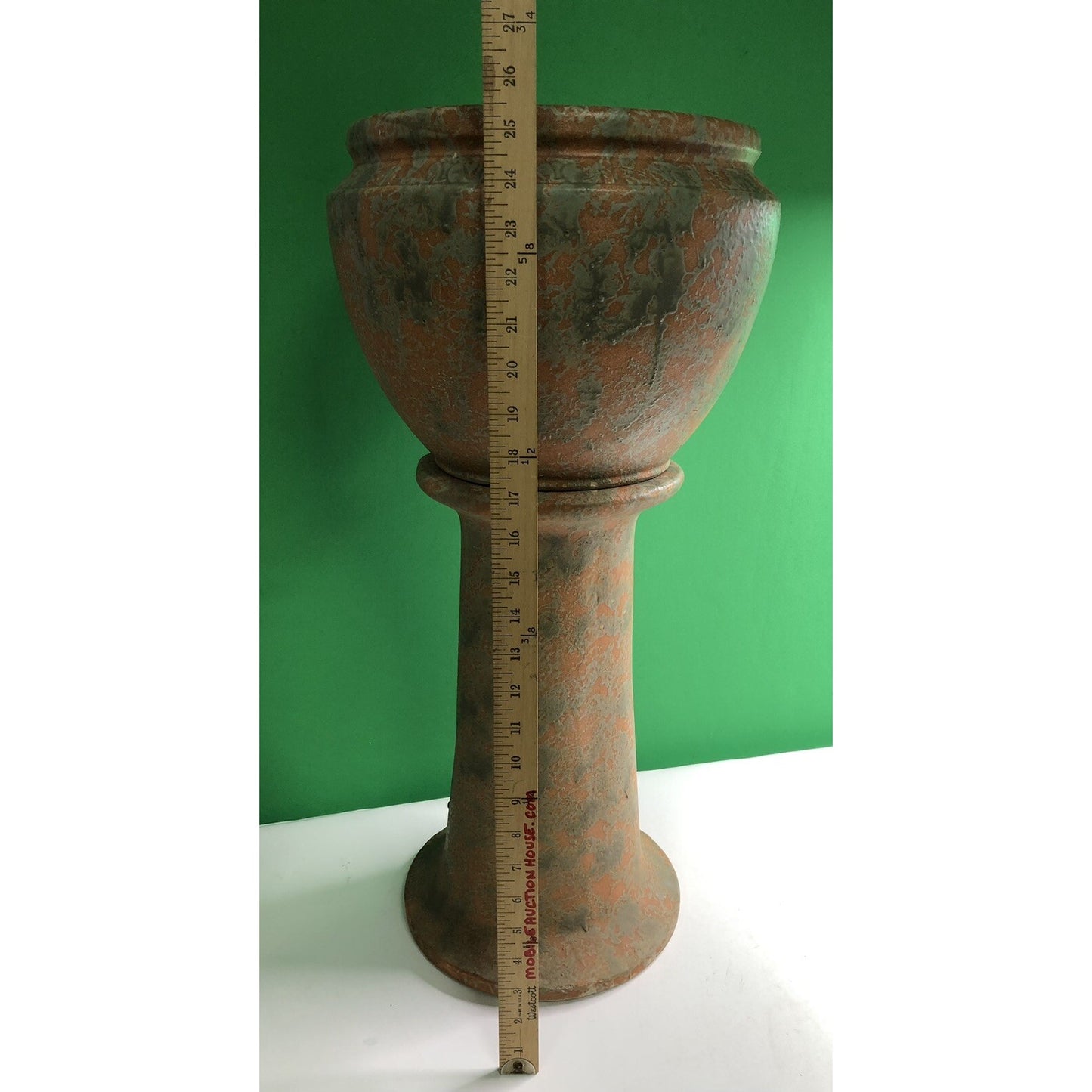 Vintage Burley Winter Large Jardiniere With Pedestal Mottled Orange & Green