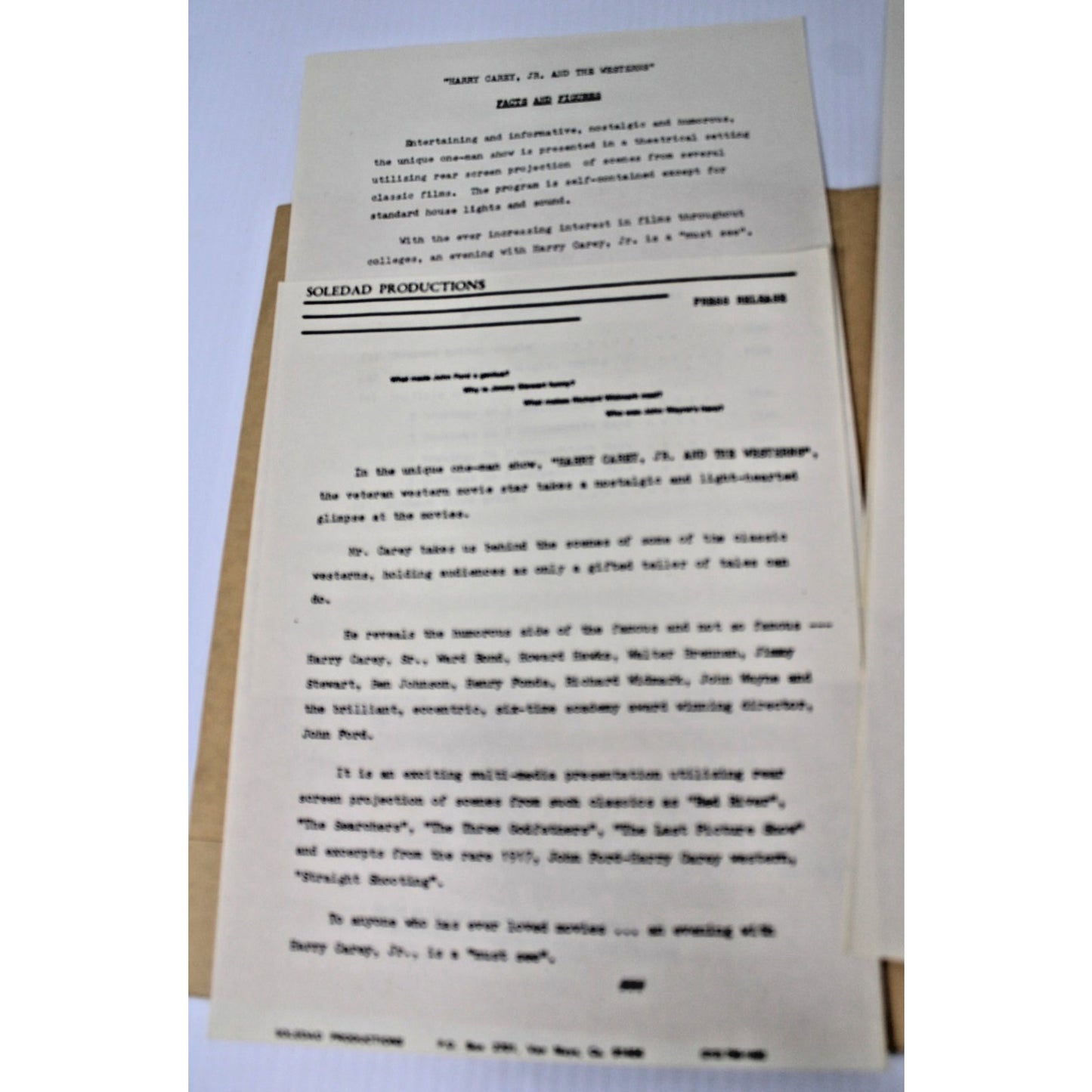 Harry Carey, Jr. & the Westerns Media Kit 1978 One Man Show Rider, Press Release