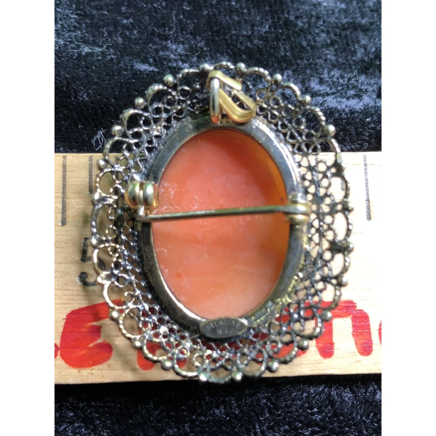 Vintage Gold Over Sterling Karen Lynne KL Filigree Shell Cameo Pendant Brooch