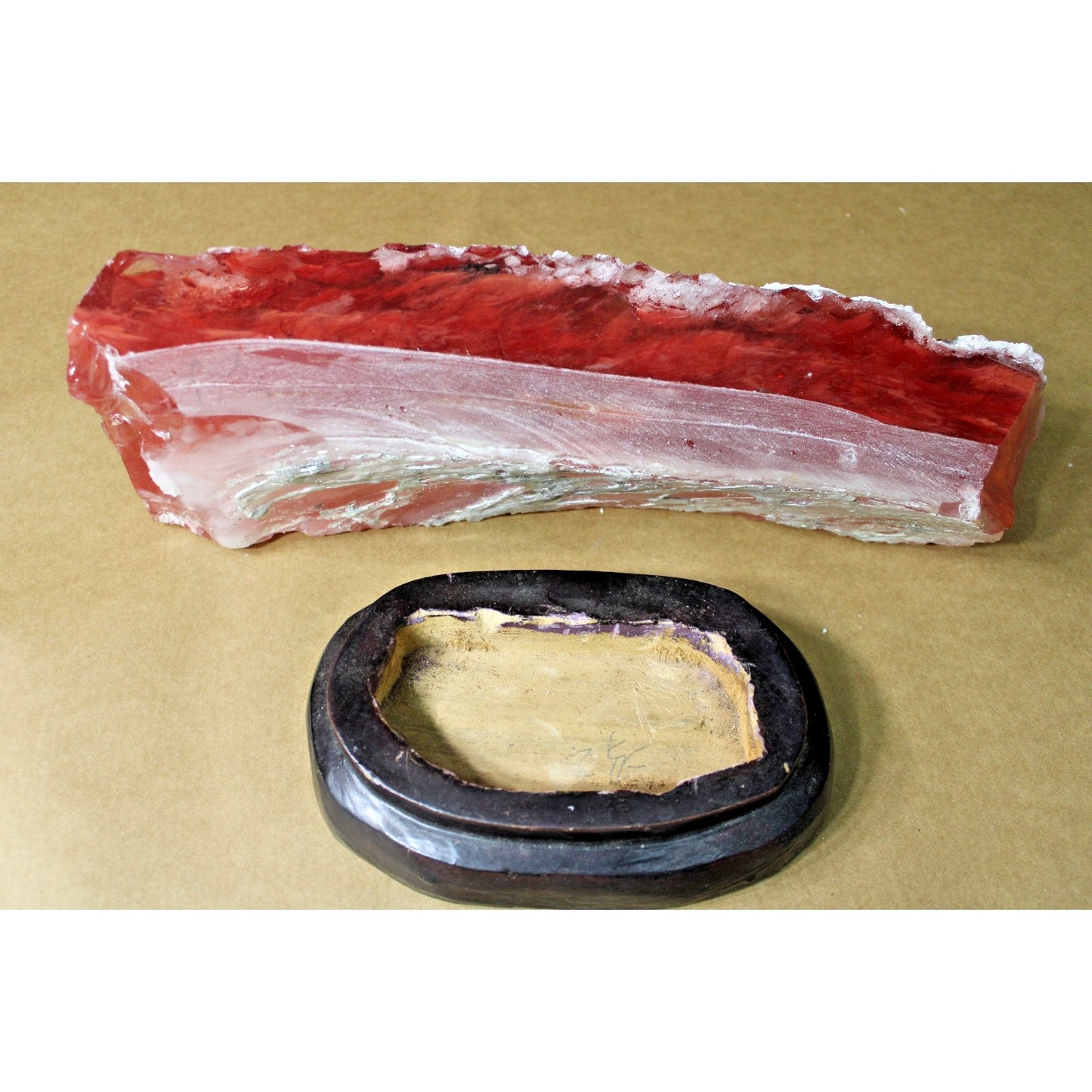 Huge 15" Red Slag Glass Sculpture w/ Diplay Stand, Incredible Marbling & Clarity