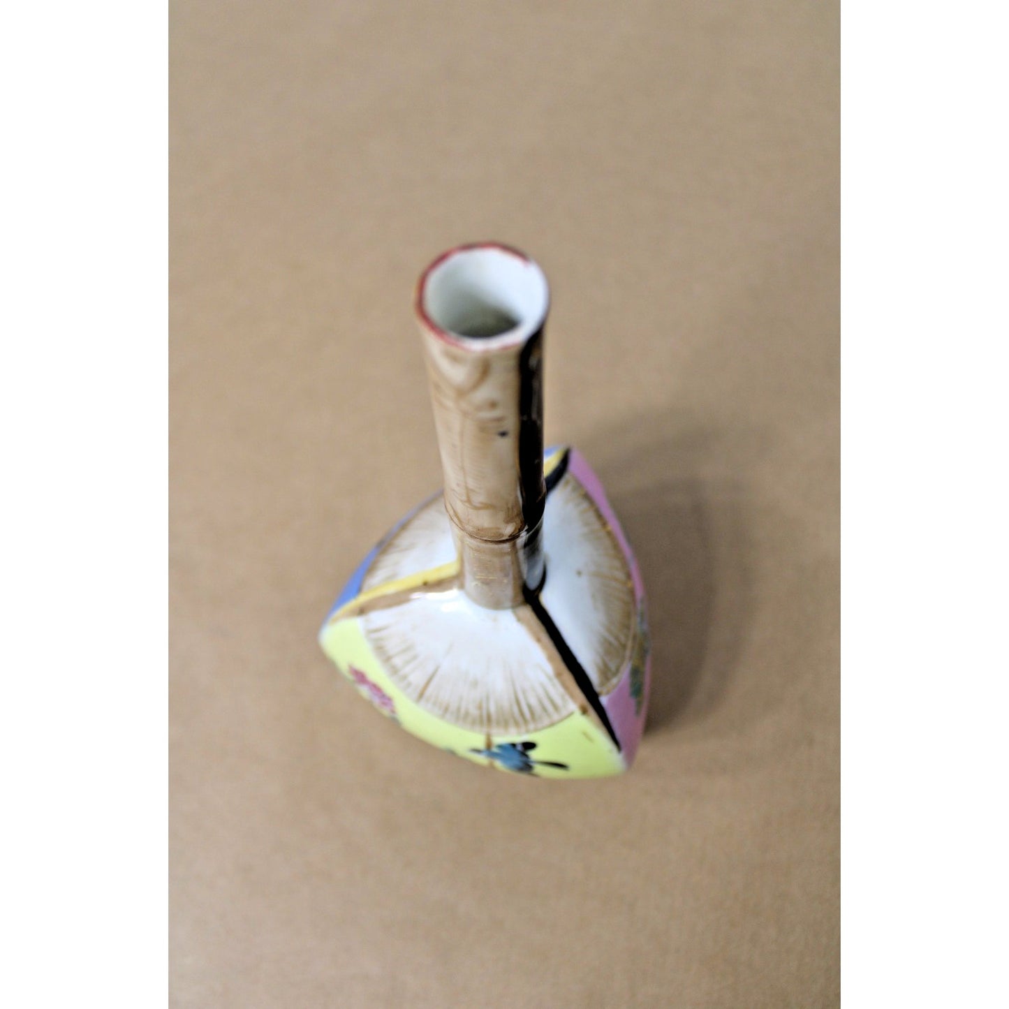 Antique Meiji Japanese Porcelain Kutani Bottle 3-Sided Vase Signed 9" Pastel