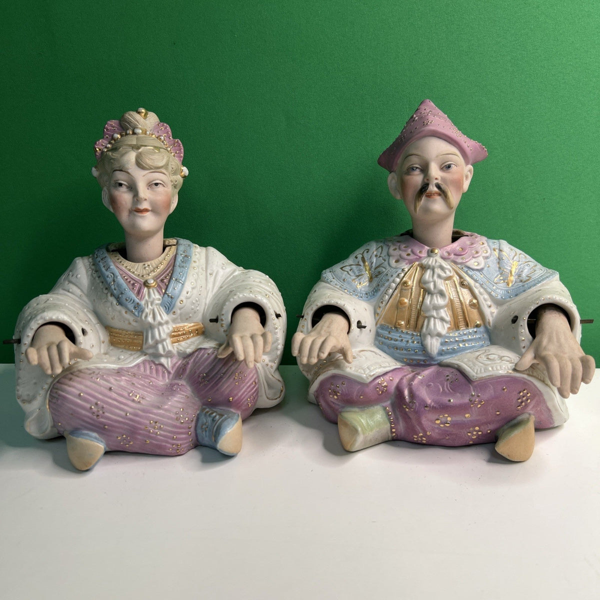 Vintage Pair of European Bisque Chinese Male & Female Nodders Pink Blue Gold