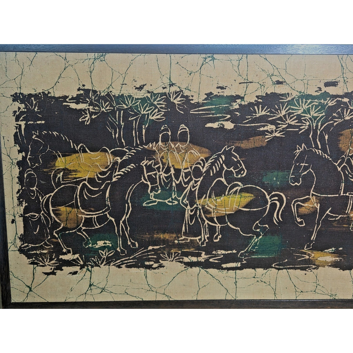Vintage MCM Framed Batik Art "The Inspection Tour" Asian Horse Chariot 31"