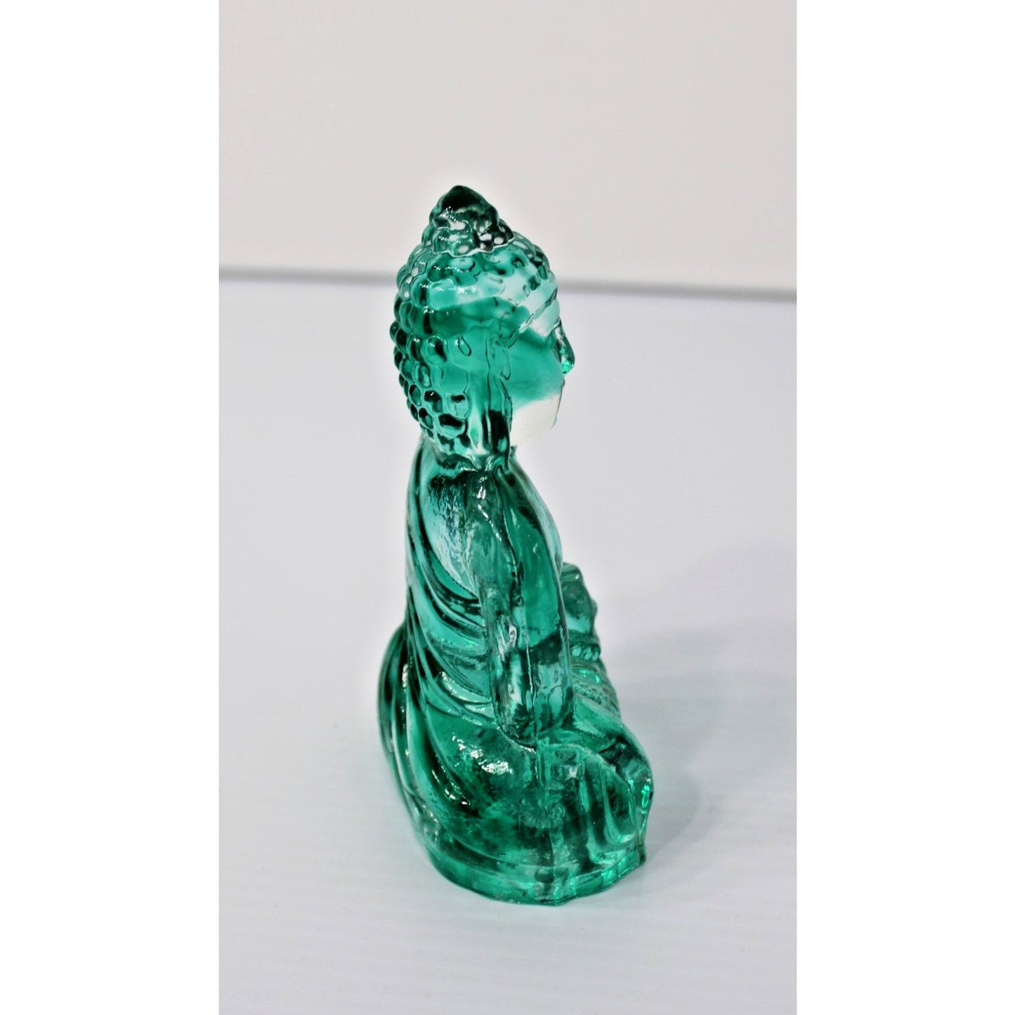 Art Glass Buddha Bodhisattva Figure, 5.5H Clear & Teal Swirl Dynasty Gallery