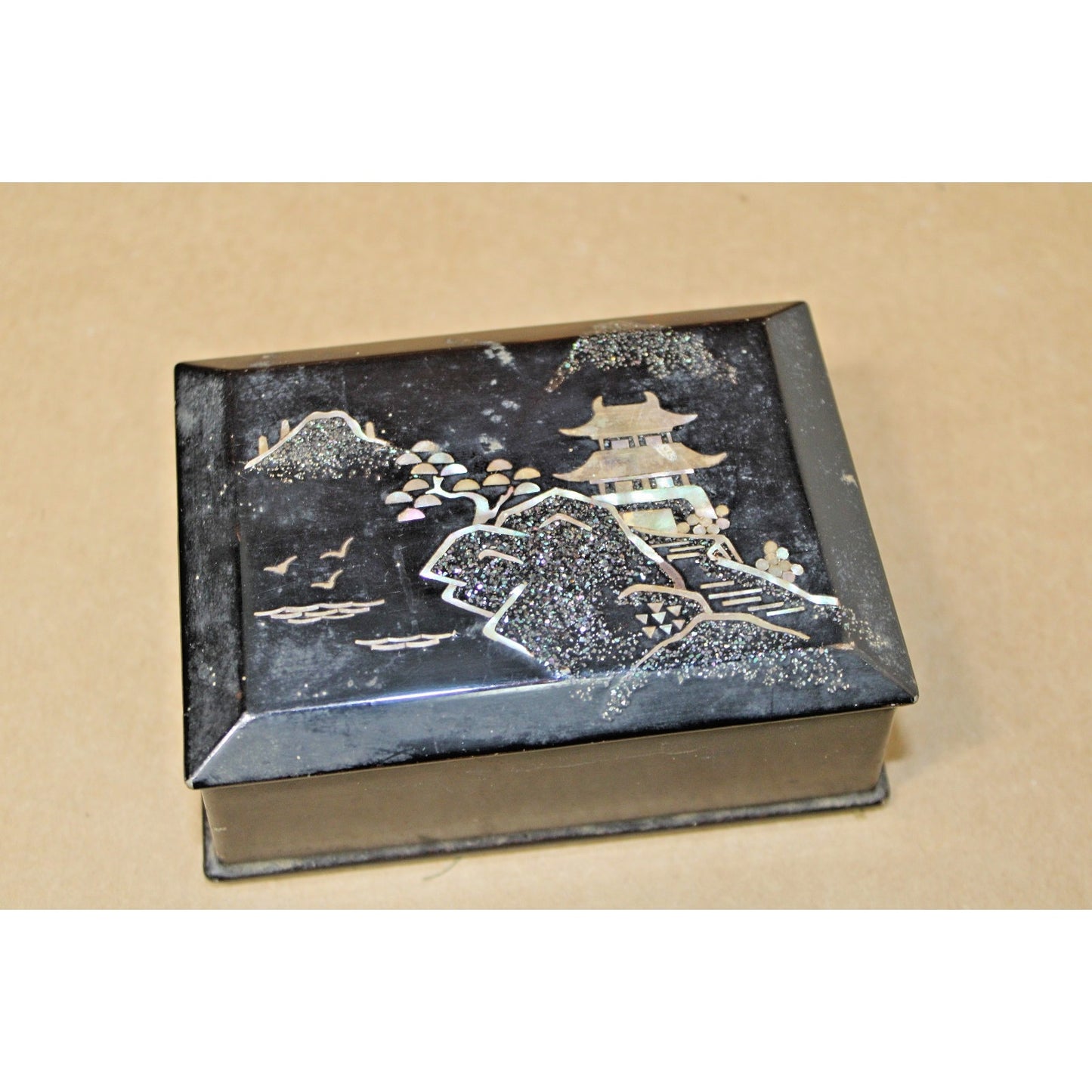 Asian Motif Trinket Box, Inlaid Abalone Shell Over Ceramic Covered Metal