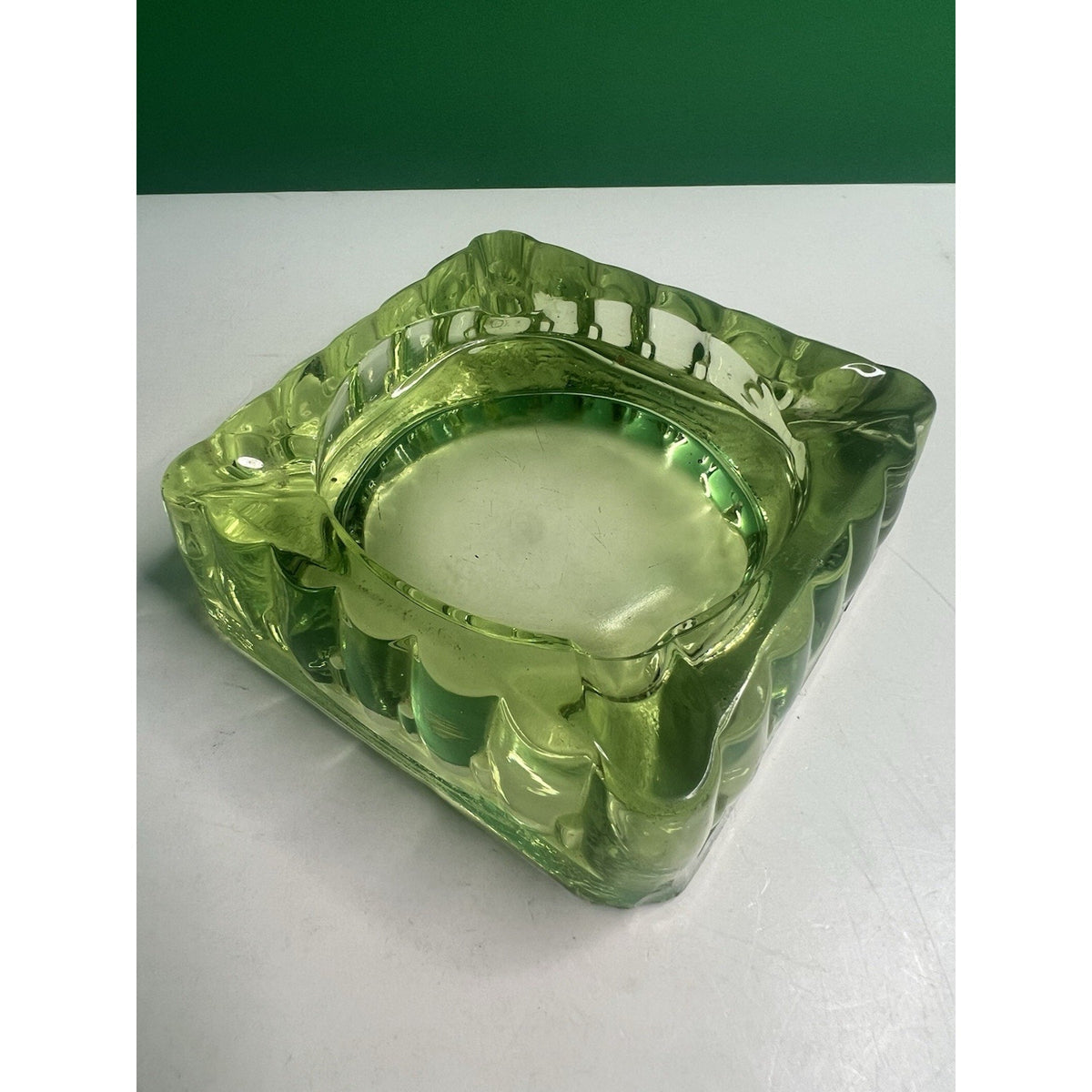 Vintage 4x4 Uranium Glass Ashtray Heavy Depression Green Glows Bright Tobacciano