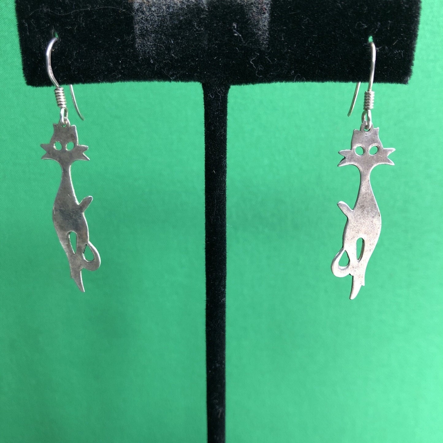 Vtg Mexican .925 Silver MCM Mod CAT Kitty Earrings Stamped Pierced Hook Wire