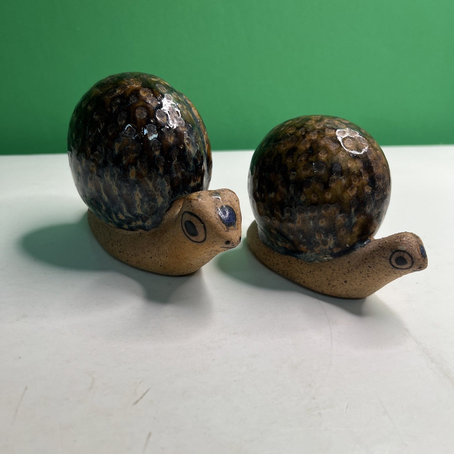 Lot 2 Pair Mexican Pottery Snails Marked Made in Mexico Snail Mottled Glazed