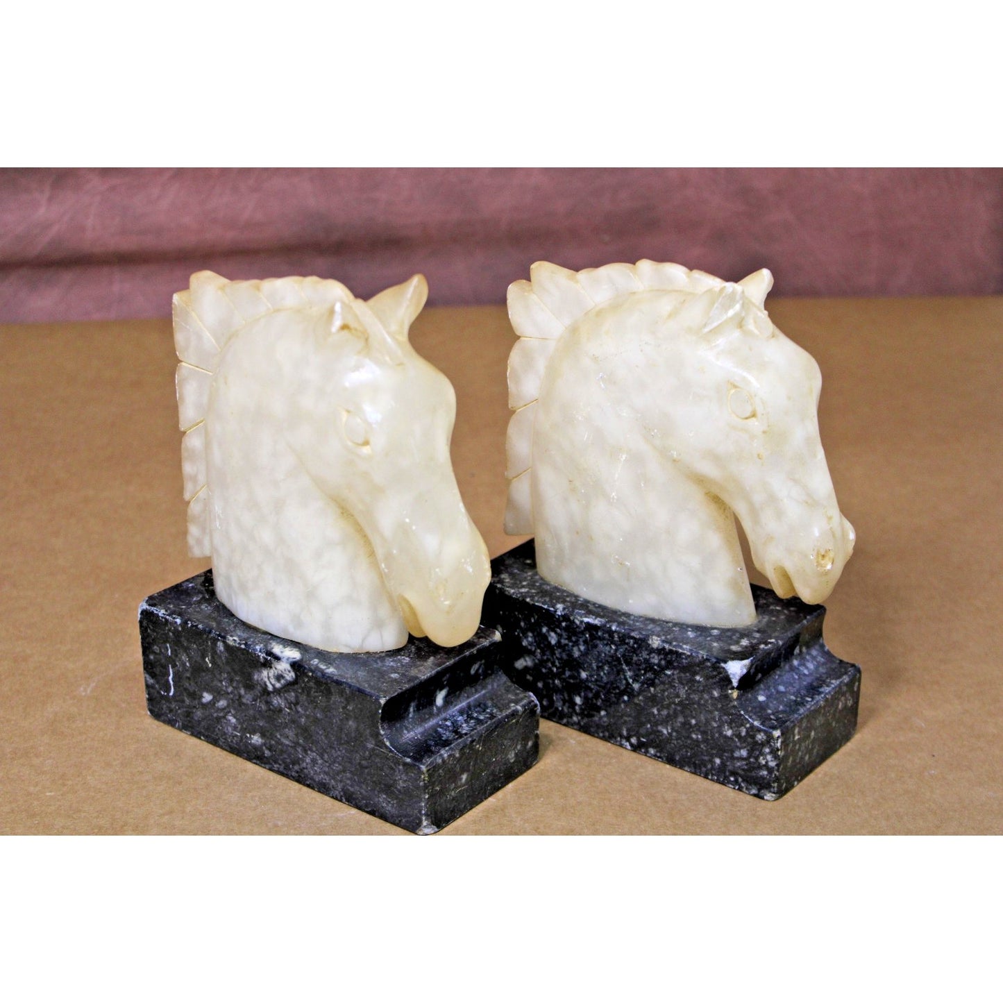 Vintage Heavy Carved Stone & Marble Book Ends, Horse Head, Figural, 7" H
