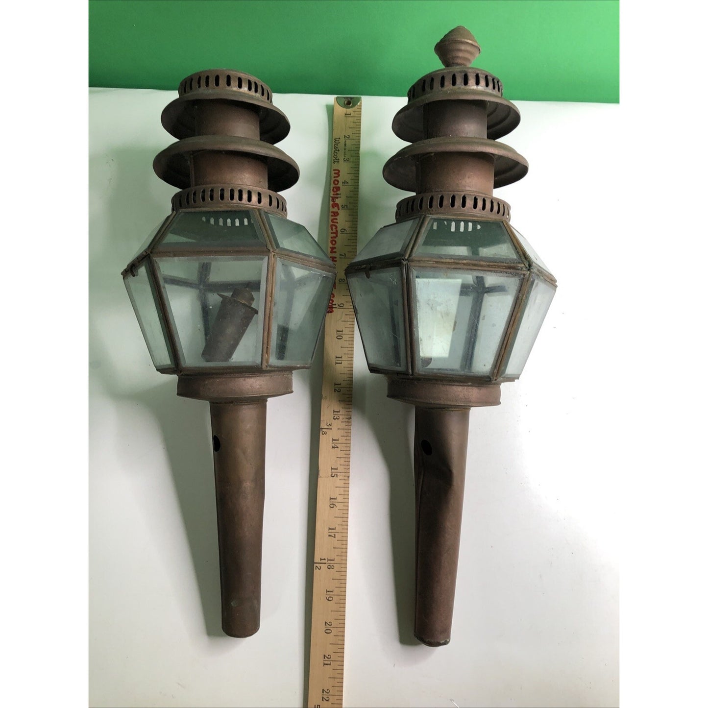 Pair Of Antique Copper Oil Carriage Lamps Buggy Lantern Lights Beveled Glass