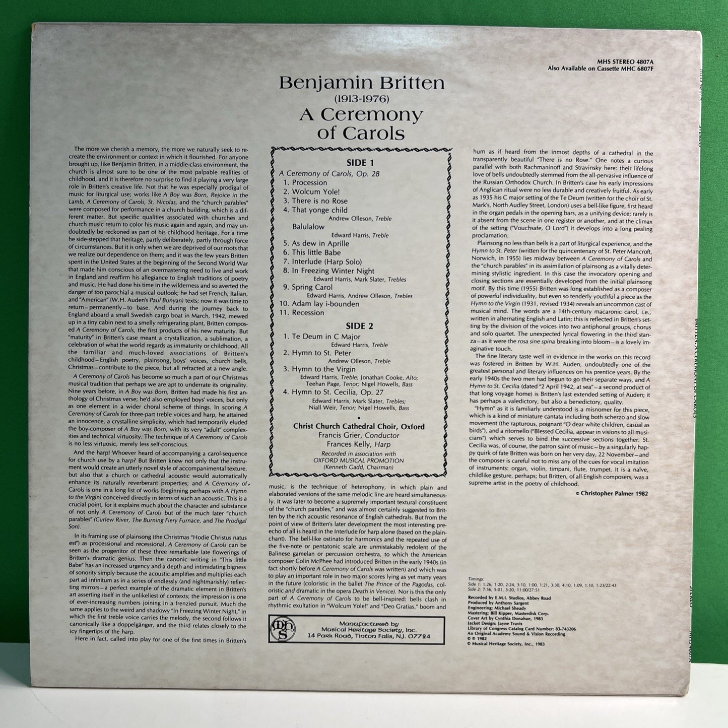 MHS 4807A Benjamin Britten Ceremony Of Carols Christ Church 1982 LP Vinyl Record