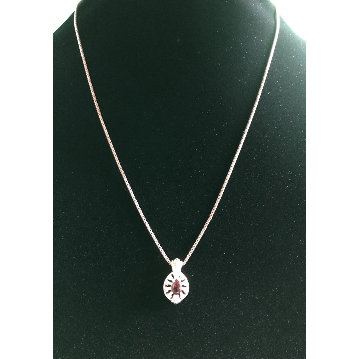Vintage Garnet Sterling Silver Pendant Necklace Box Chain January Birthstone