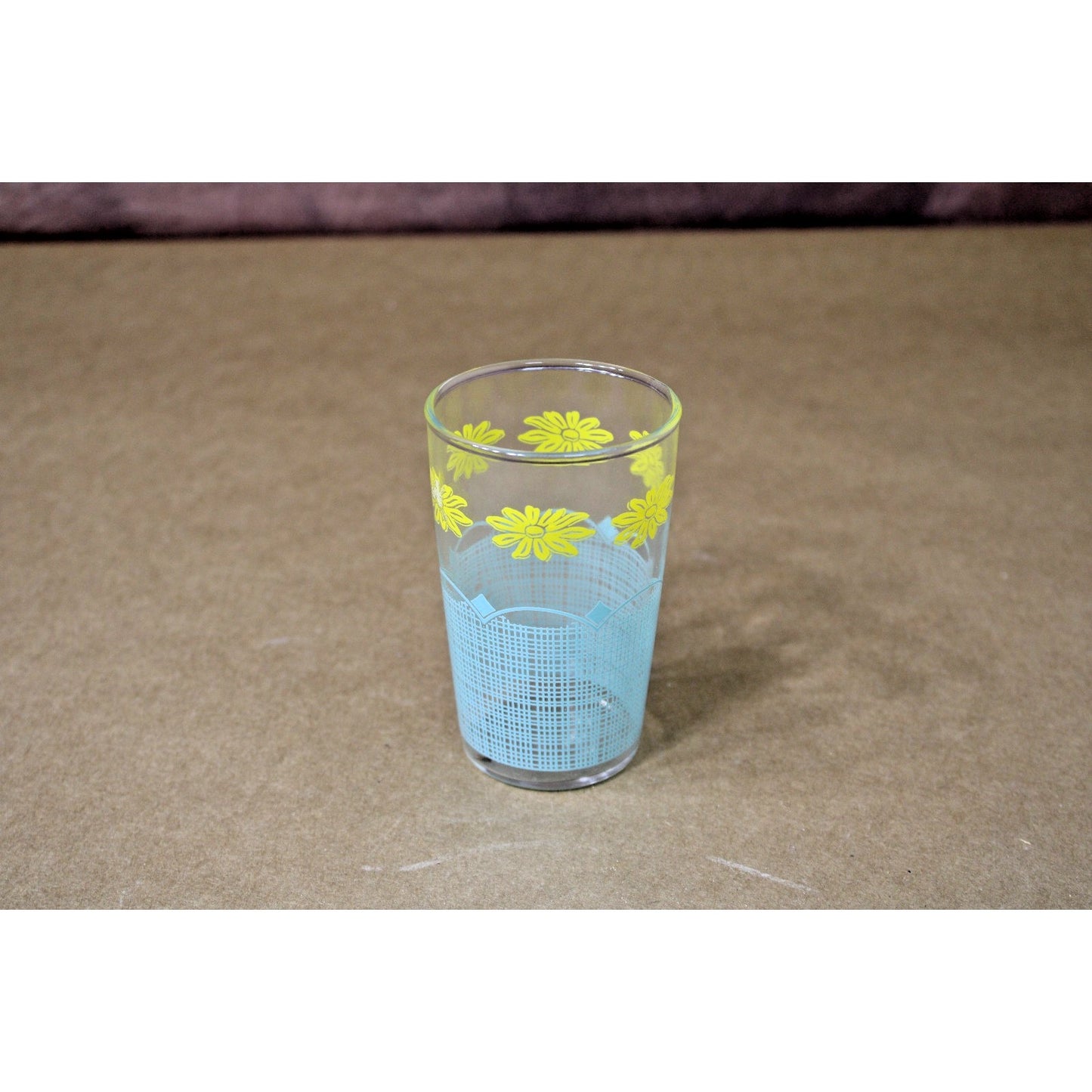 Vintage Mid Century Juice Glass, Pale Aqua Yellow Daisy Basket Pattern 4"H