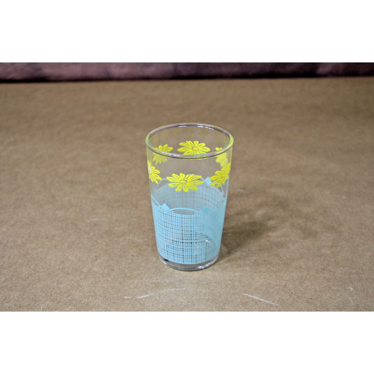 Vintage Mid Century Juice Glass, Pale Aqua Yellow Daisy Basket Pattern 4"H