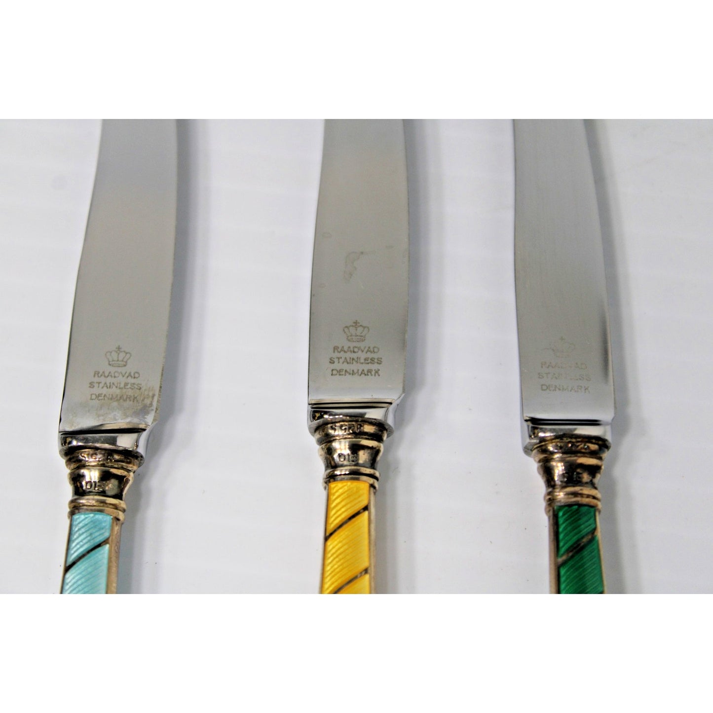 Sterling Silver Enamel Knives, Raadvad Denmark Boxed Set of 6 Art Deco Fruit Set