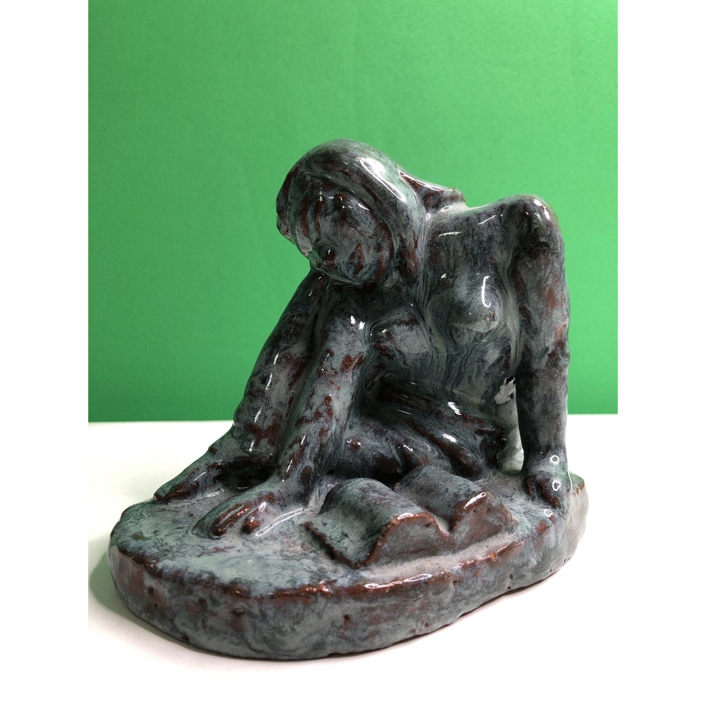 Vintage Blue Glazed Partial Nude Reading Book By Dennell Clay Figurine OOAK