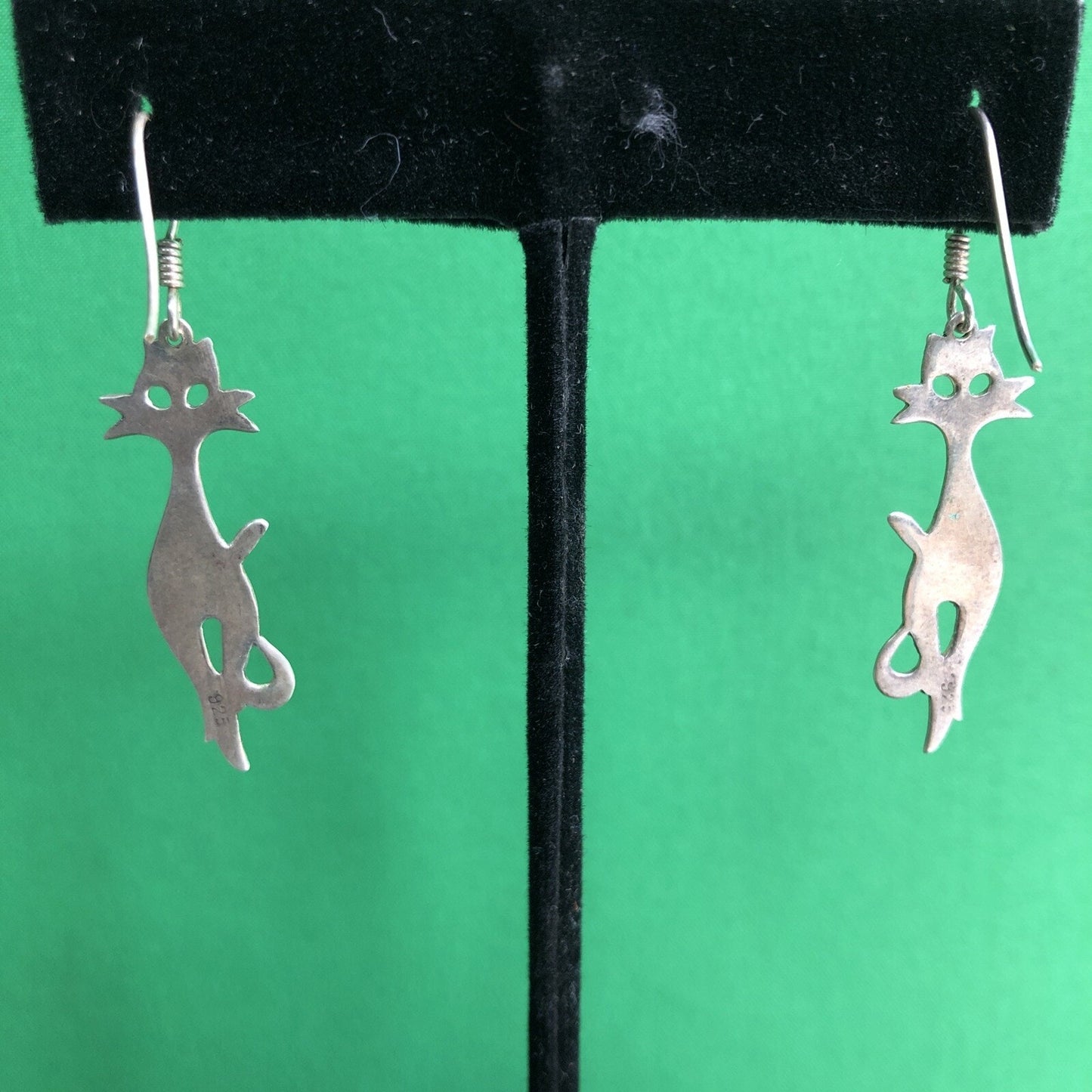 Vtg Mexican .925 Silver MCM Mod CAT Kitty Earrings Stamped Pierced Hook Wire