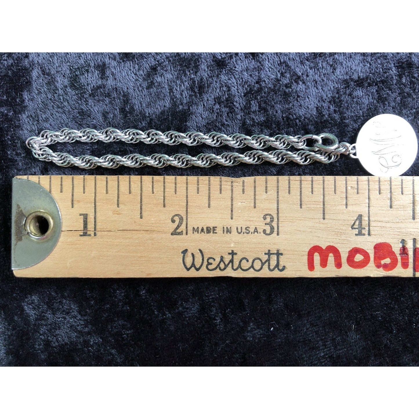 Vintage Sterling Rope Chain Bracelet 7 Inch With Monogrammed Stainless Disc CMV