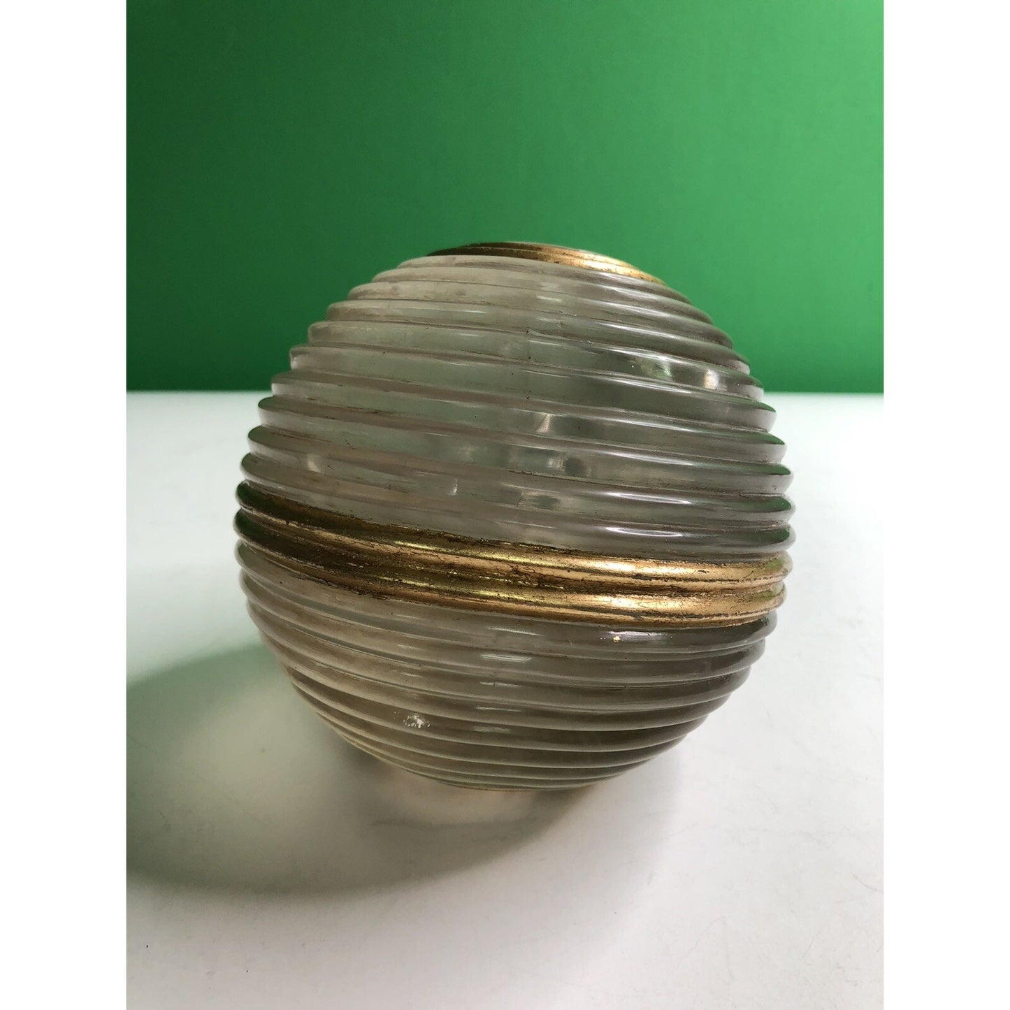 Vintage SOLID GLASS SPHERE Ball Ribbed Gilt MCM Unique Interesting RARE LARGE