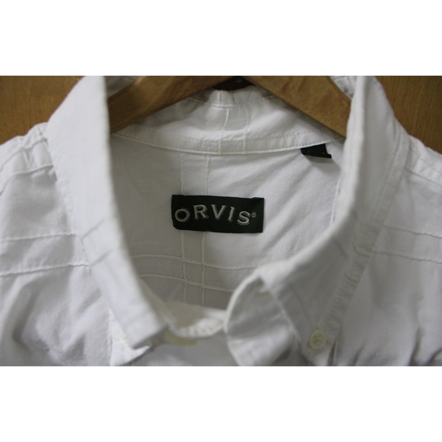 Orvis Men's Sz L White Textured Grid Stitch Long Sleeve Cotton Button Up Shirt