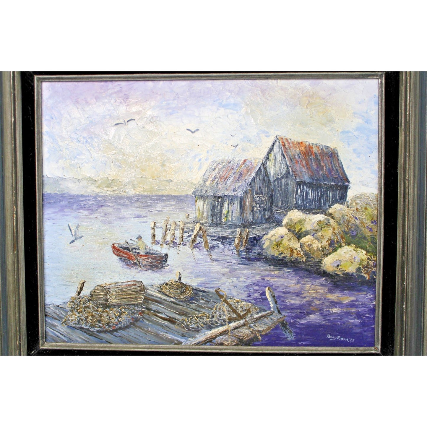 Seaside Oil Painting, Heavy Impasto, Painterly Coastal Scene, Framed 23"x27"