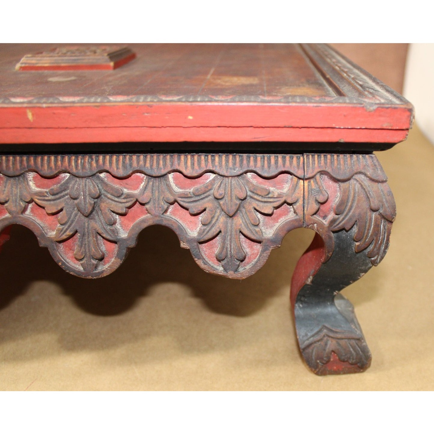 Heavily Carved Antique Japanese Wooden Shogi Game Board with Storage