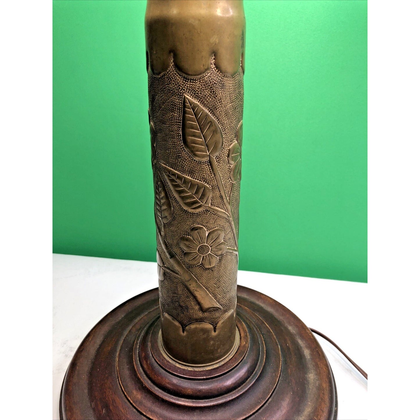 Trench Art Etched Artillery Shell Table Lamp, 3 Light, Wood Base 23” H - Works