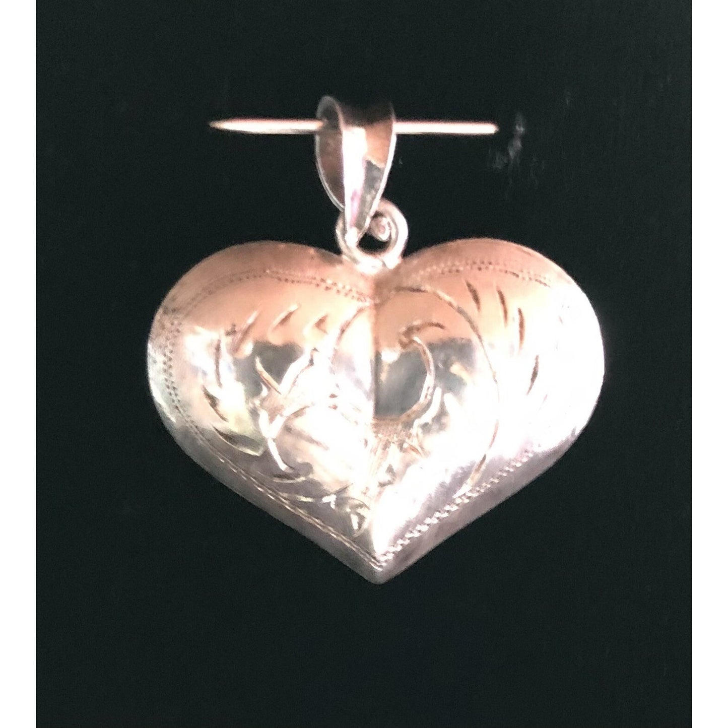 Vintage Sterling Silver Etched Puffed Heart Pendant Romance Exquisite Detail