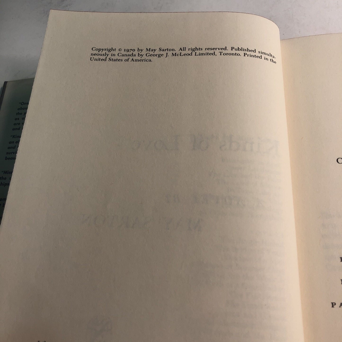 Kinds Of Love by May Sarton 1970 Hardcover Dust Jacket Novel