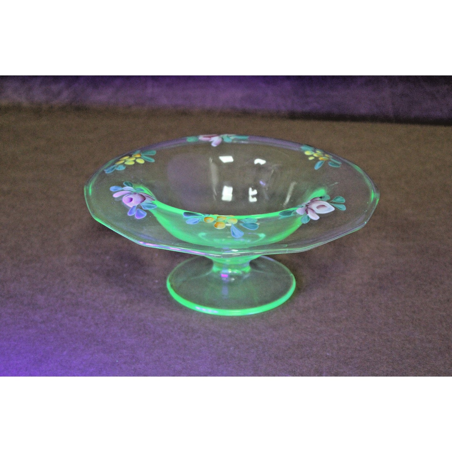 Vtg Bohemian Green Uranium Footed Compote Candy Dish Hand Painted Floral Design