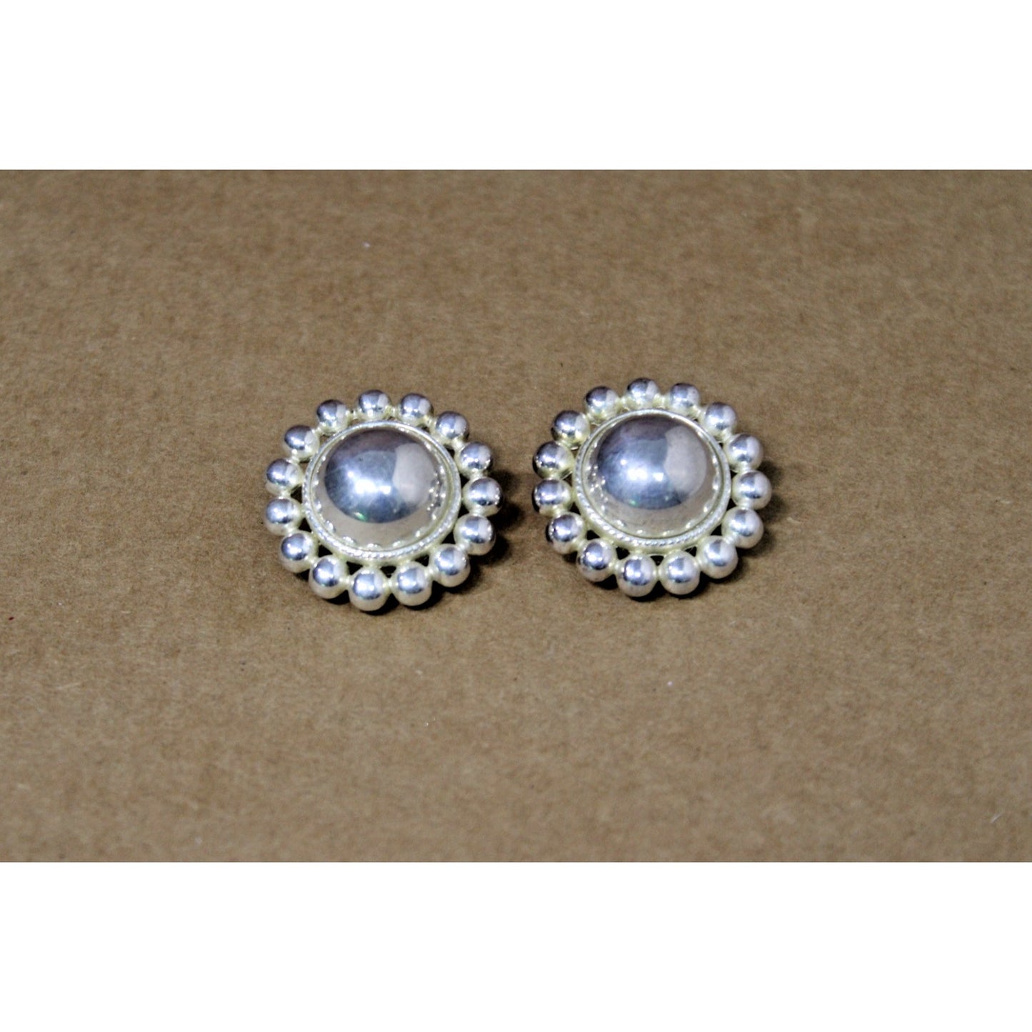 Vintage Clip-on Silvertone Polished Button Earrings with Beaded Edges, 1.25" W